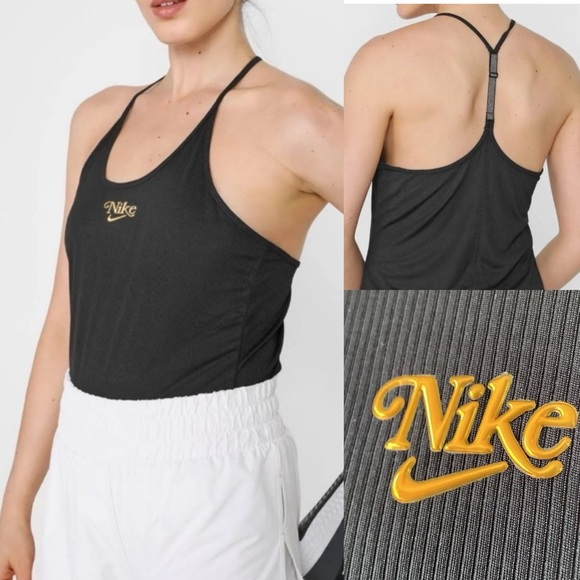 Nike Femme Elastika Training Tank Top Size Medium Black Ribbed Gold Metallic - Picture 1 of 14